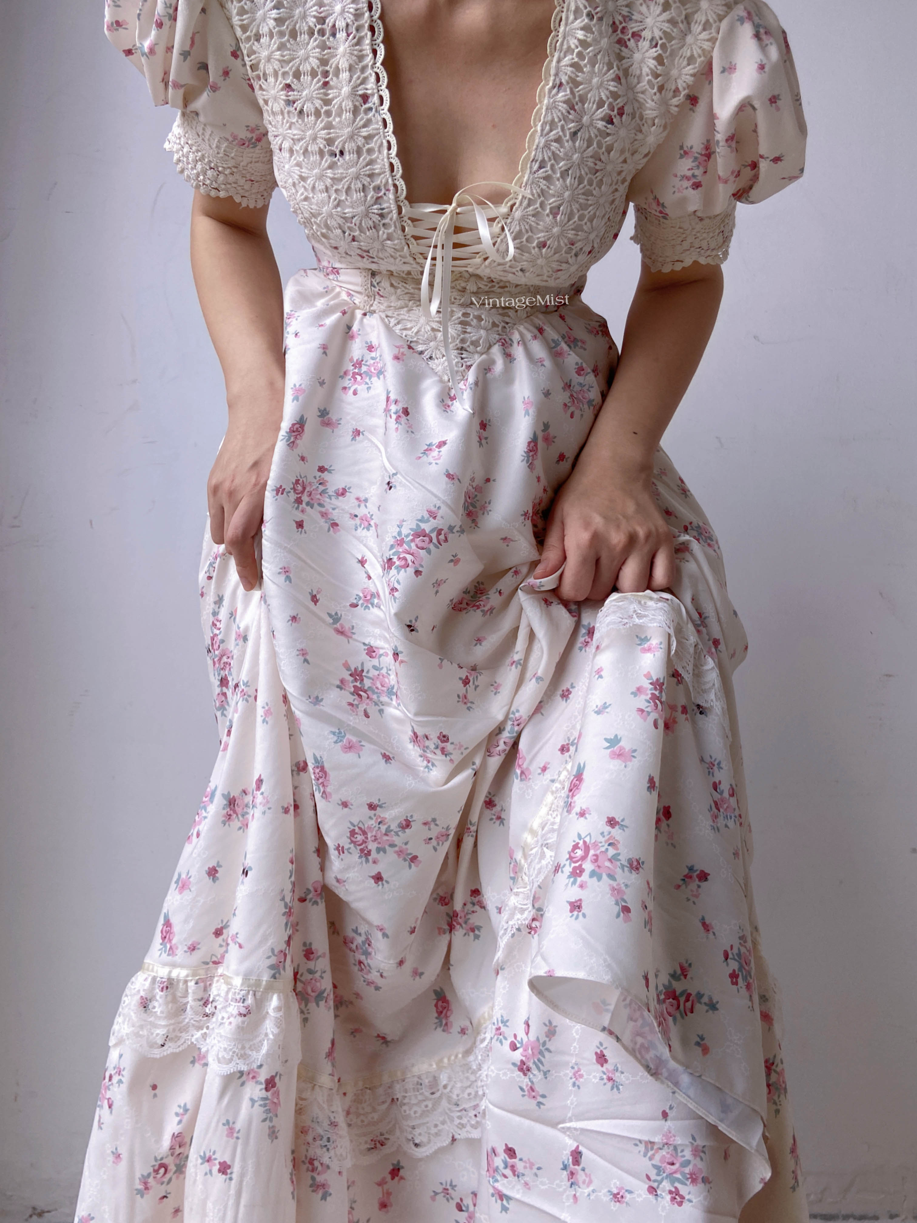 Puff Sleeve V Neck Floral Dress - White | VintageMist