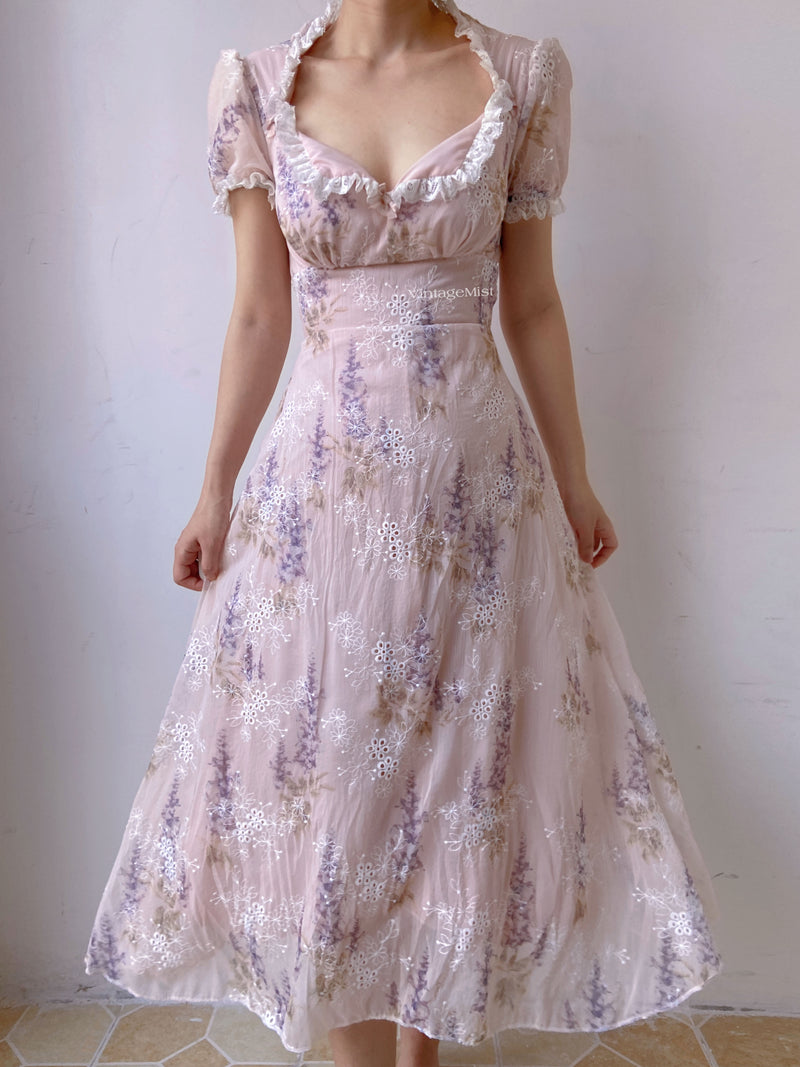 Lavender Embroidered Lace Trim Dress - Purple | VintageMist