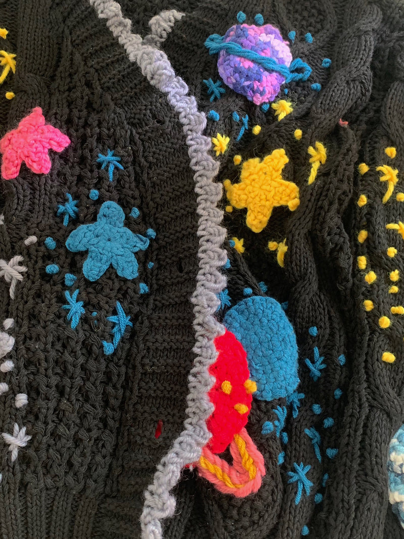 Handmade Stars Universe Planet Embroidery Cardigan-Black | VintageMist