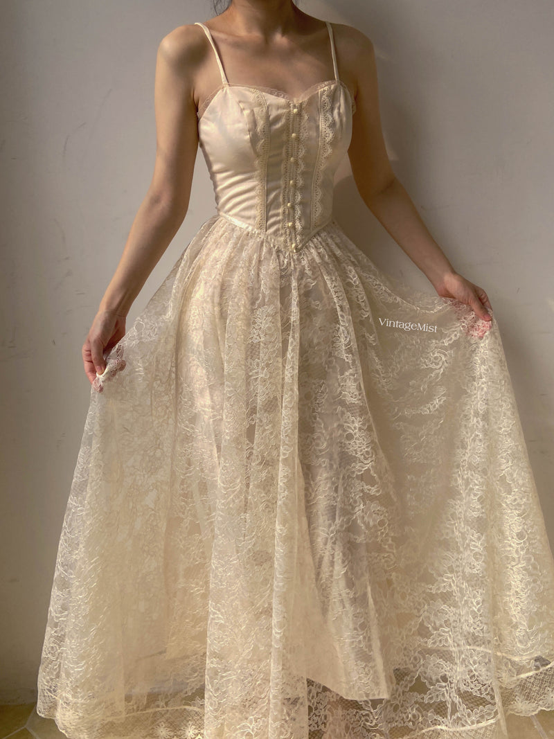 Floral Lace Strap Corset Dress - Beige | VintageMist
