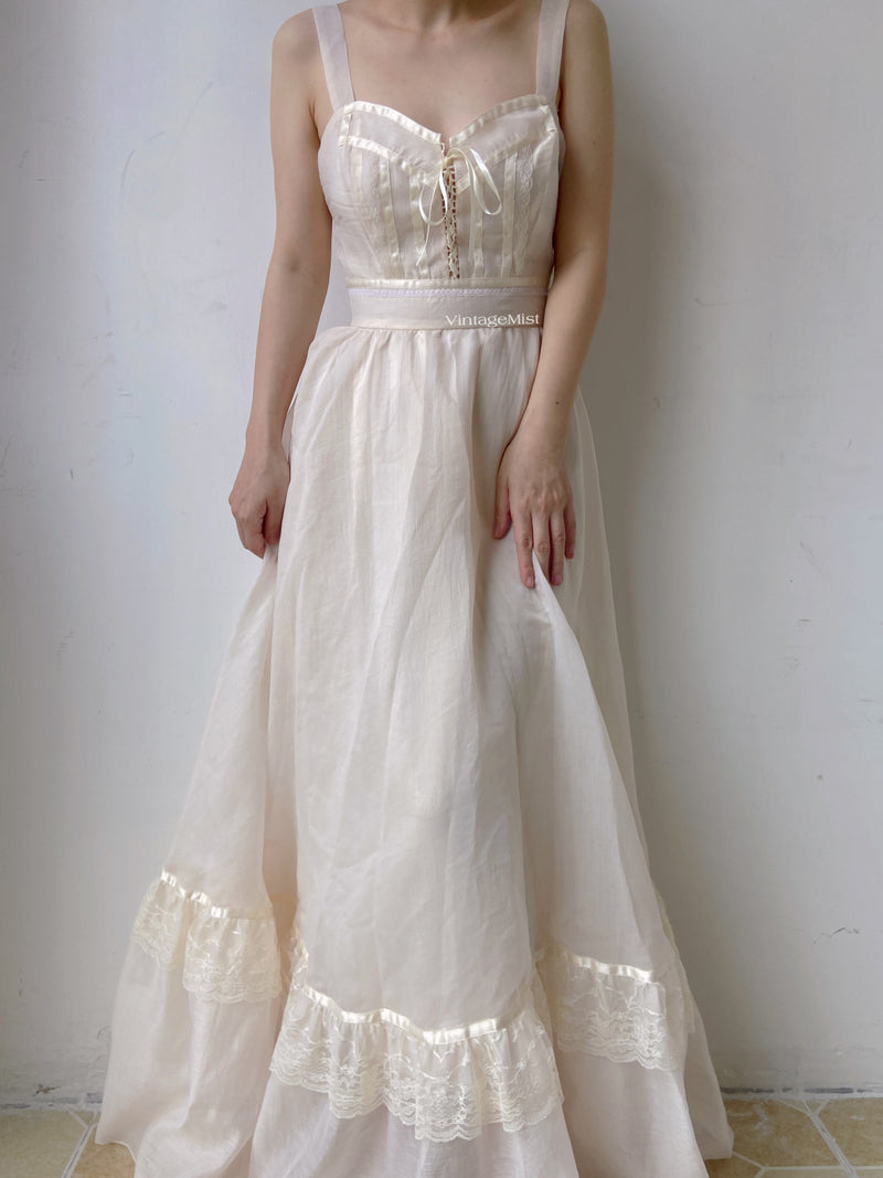 Organza Lace Trim Strap Maxi Dress - Ivory | VintageMist