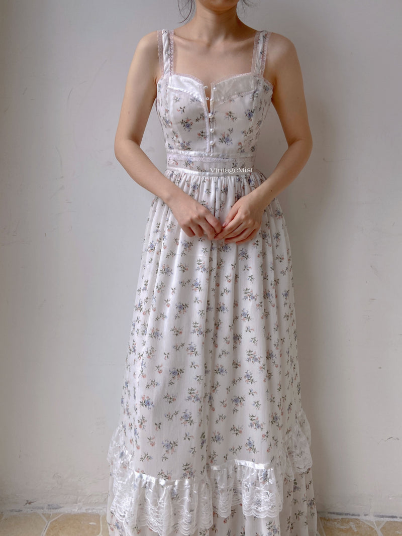 Chiffon Floral Lace Trim Beaded Cami Dress - White | VintageMist