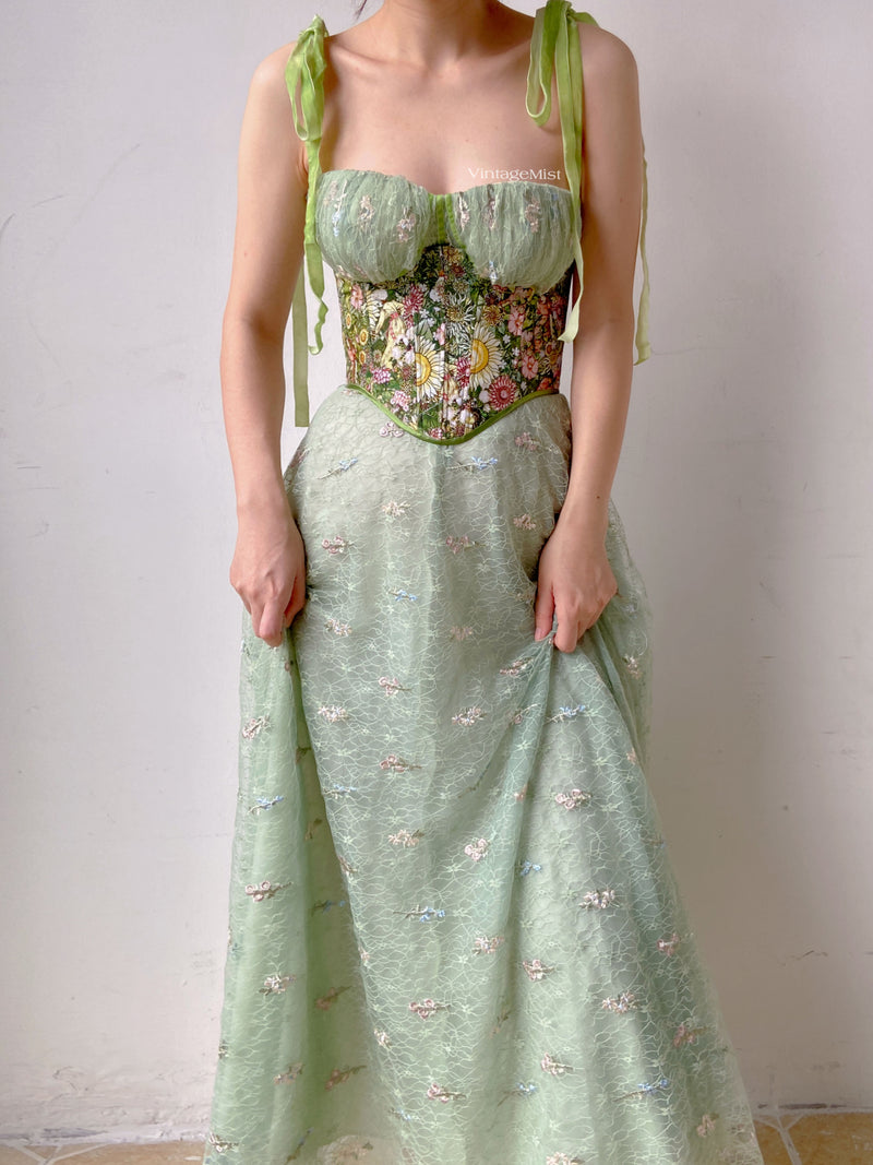 Green Tulle Prom Corset Dress with Floral Embroidery | VintageMist