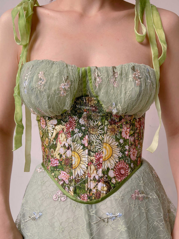​Renaissance Fairycore Floral Corset - Green | VintageMist