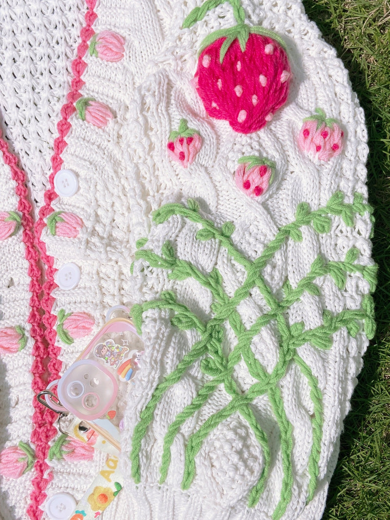 Fairycore Strawberry Hand Embroidery Cardigan Sweater - White | Vintage Mist