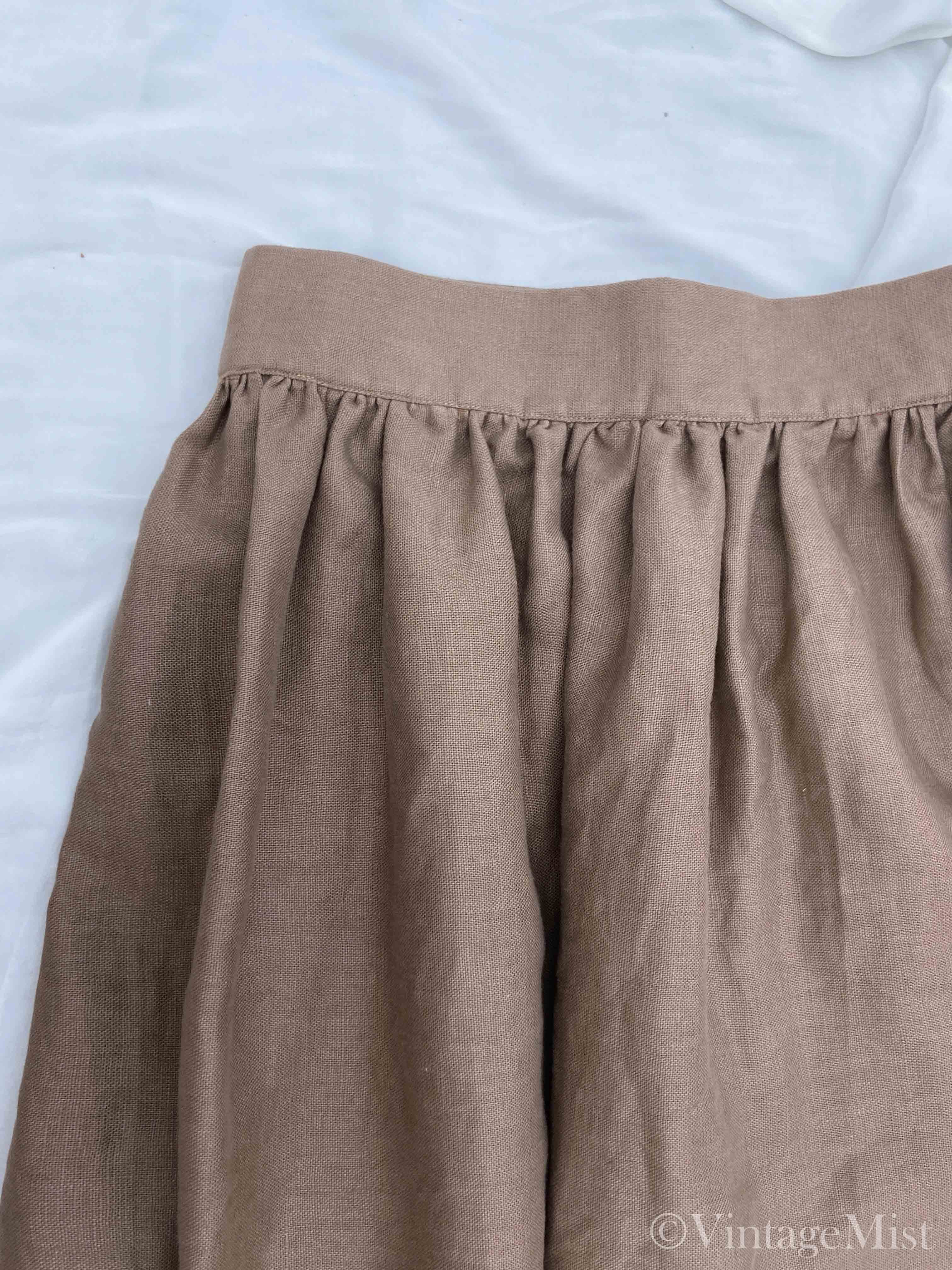 Basic A-line Linen Midi Pocket Skirt - Brown -  VintageMist
