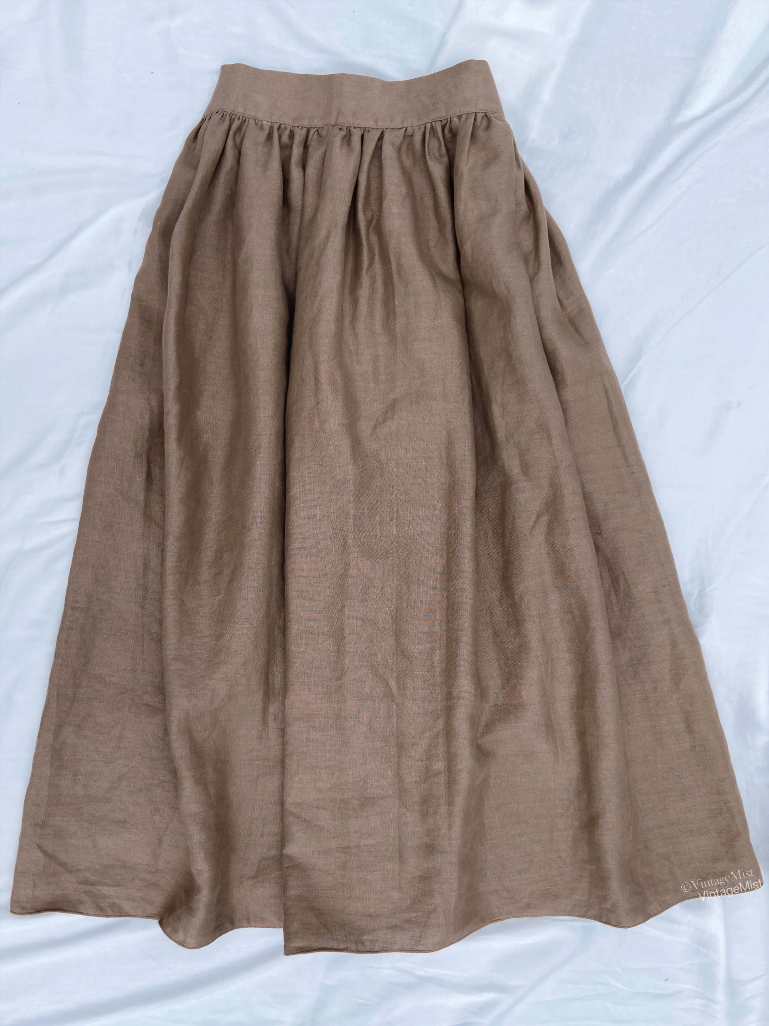 Basic A-line Linen Midi Skirt with Pockets Brown VintageMist