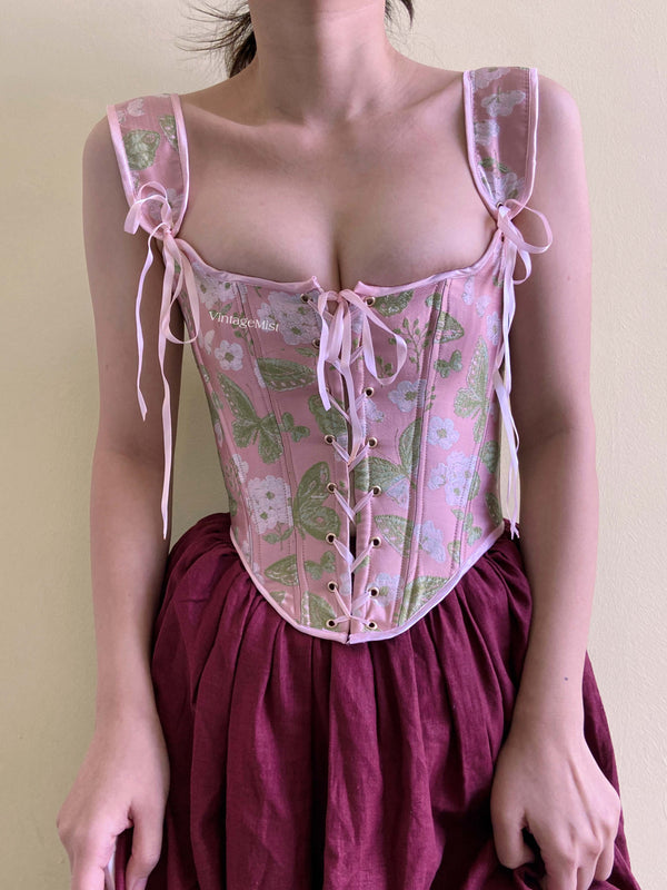 Butterfly Floral Print Corset Bodice Stays - Pink | VintageMist