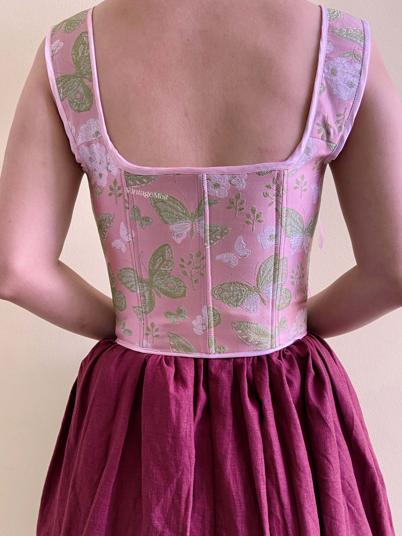 Butterfly Floral Print Corset Bodice Stays - Pink | VintageMist