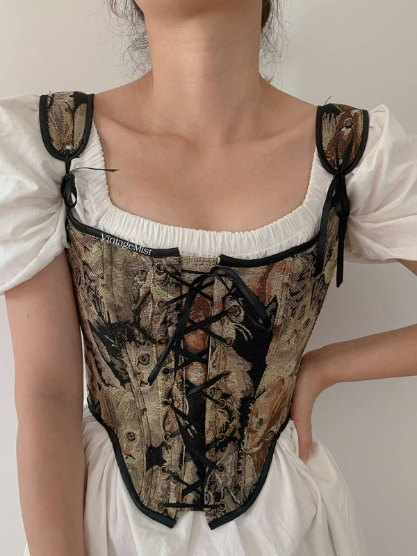 Renaissance Lace-Up Floral Tapestry Boned Corset - Brown