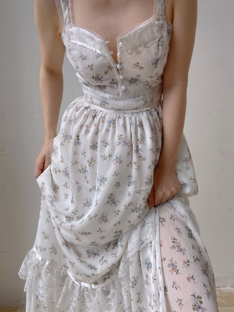 Chiffon Floral Lace Trim Beaded Cami Dress - White | VintageMist