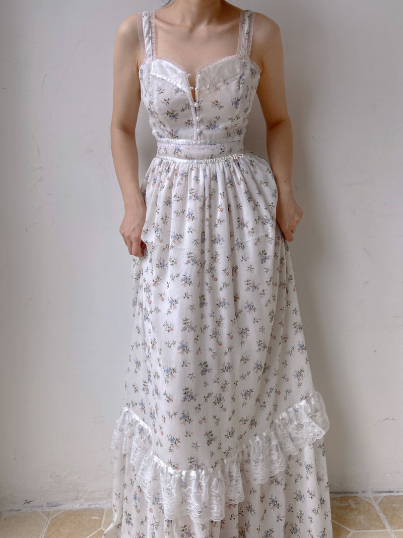 Chiffon Floral Lace Trim Beaded Cami Dress - White | VintageMist
