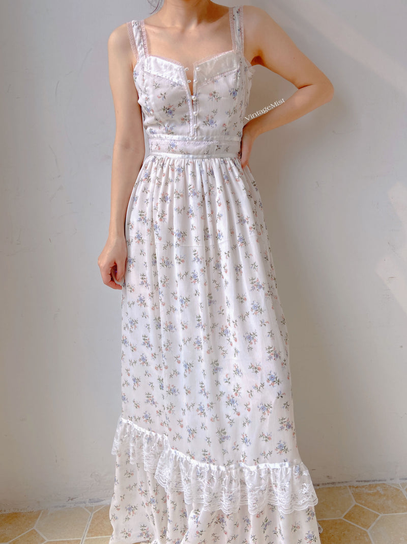 Chiffon Floral Lace Trim Beaded Cami Dress - White | VintageMist