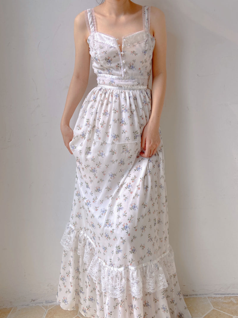 Chiffon Floral Lace Trim Beaded Cami Dress - White | VintageMist