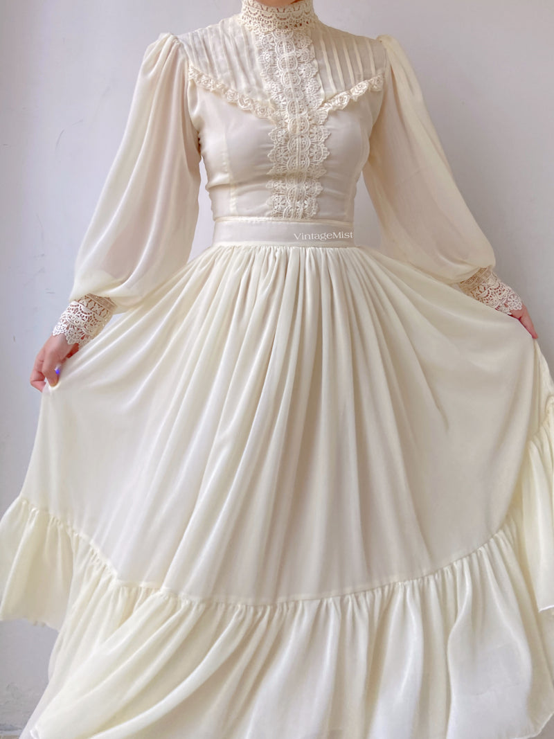 Chiffon Lantern Sleeve Lace Trim Dress - Ivory | VintageMist