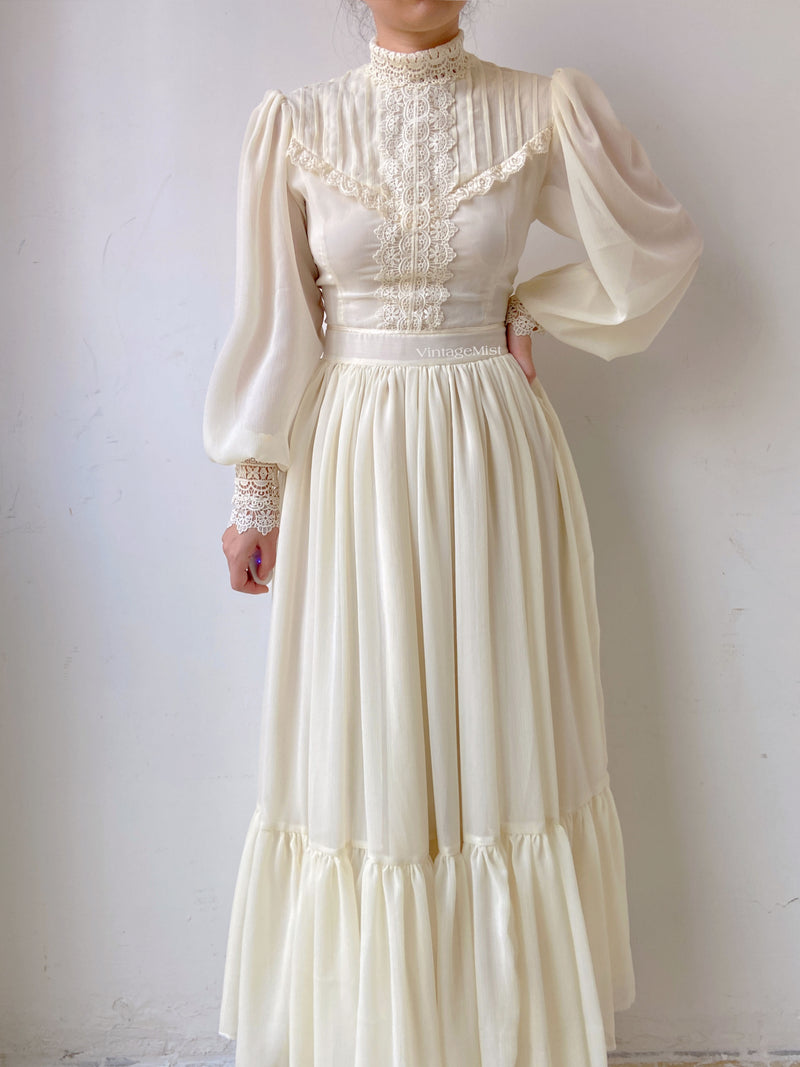 Chiffon Lantern Sleeve Lace Trim Dress - Ivory | VintageMist
