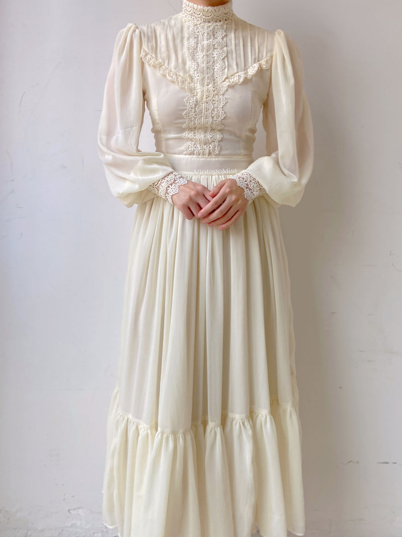 Chiffon Lantern Sleeve Lace Trim Dress - Ivory | VintageMist