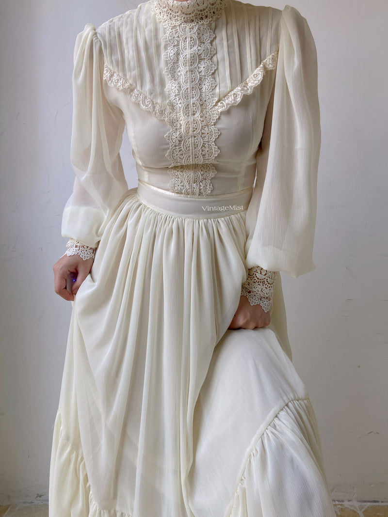 Chiffon Lantern Sleeve Lace Trim Dress - Ivory | VintageMist