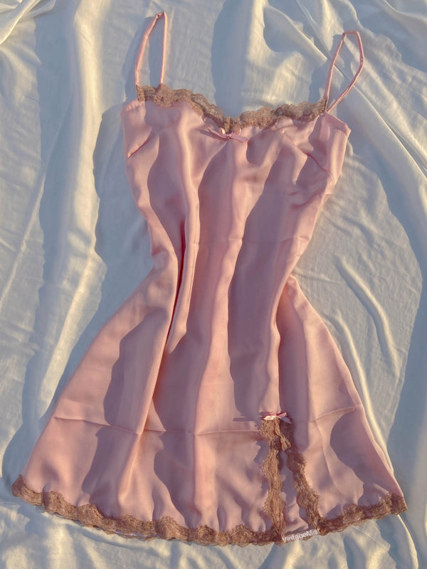 Lace Trim Princess Jewel Slip Mini Satin Dress - Pink | VintageMist