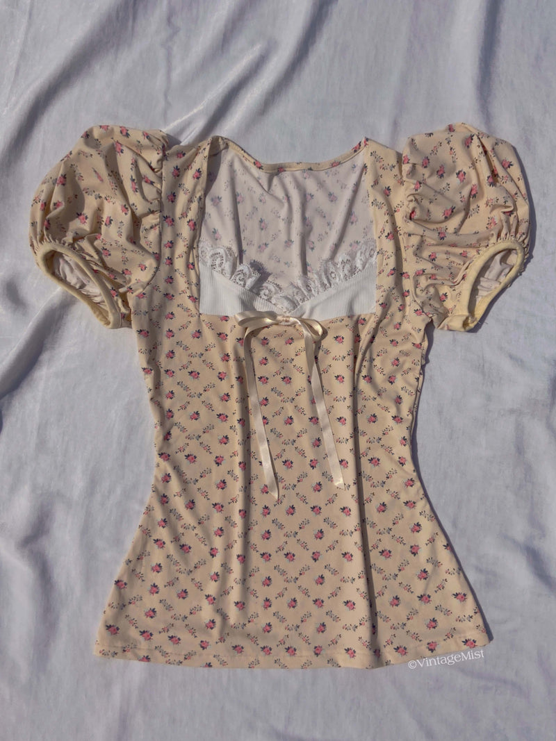 Coquette Bowknot Lace Floral Top - Beige  VintageMist