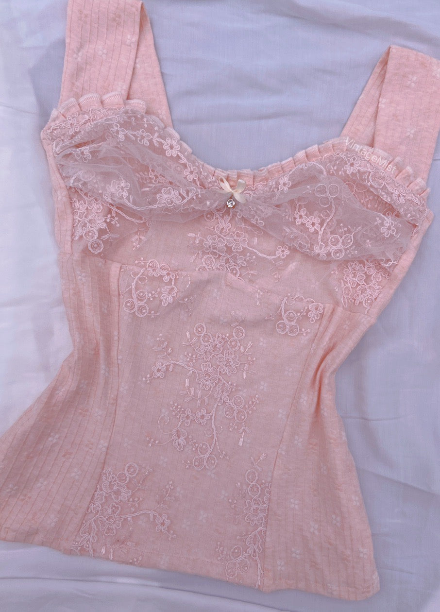 Coquette Floral Embroidery Lace Tank Top - Pink | VintageMist