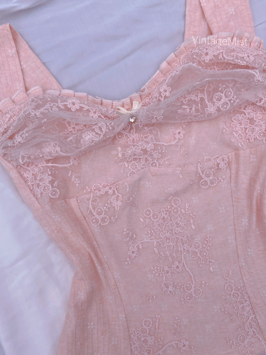 Coquette Floral Embroidery Lace Tank Top - Pink | VintageMist