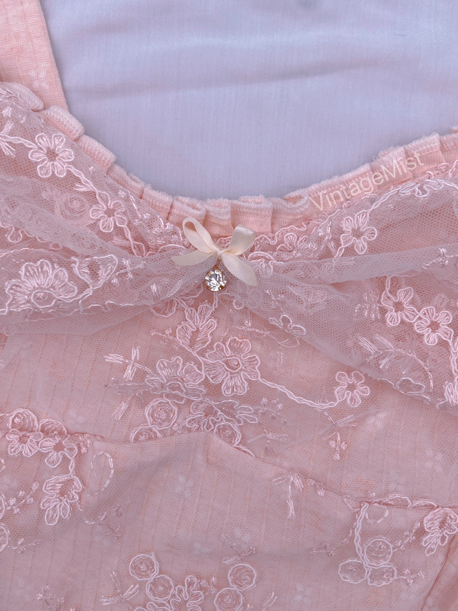 Coquette Floral Embroidery Lace Tank Top - Pink | VintageMist