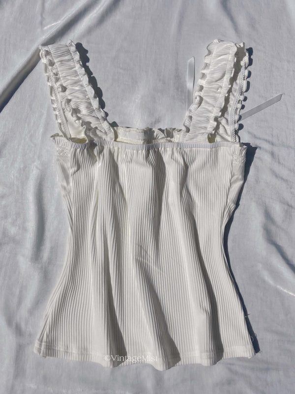 Coquette Lace Trim Ribbed Bowknot Camisole in White | VintageMist