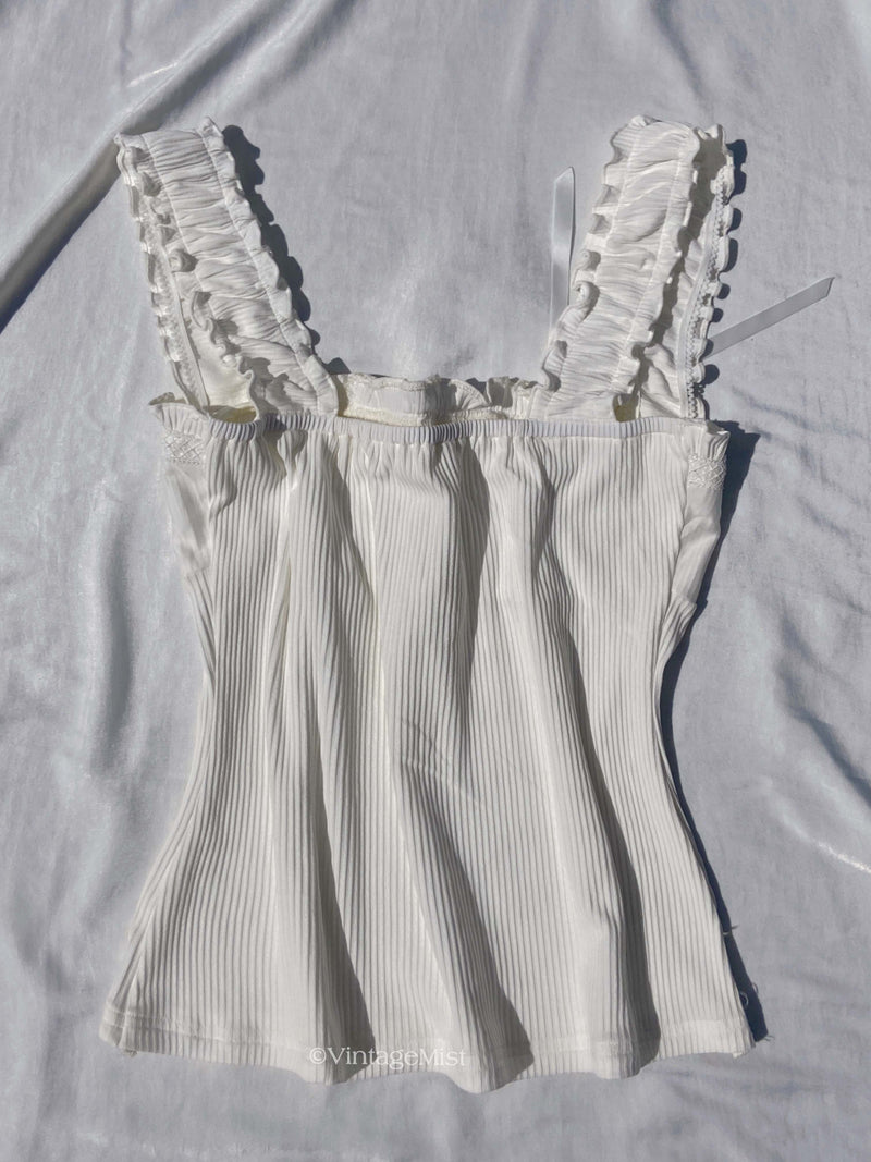 Coquette Lace Trim Ribbed Bowknot Camisole in White | VintageMist