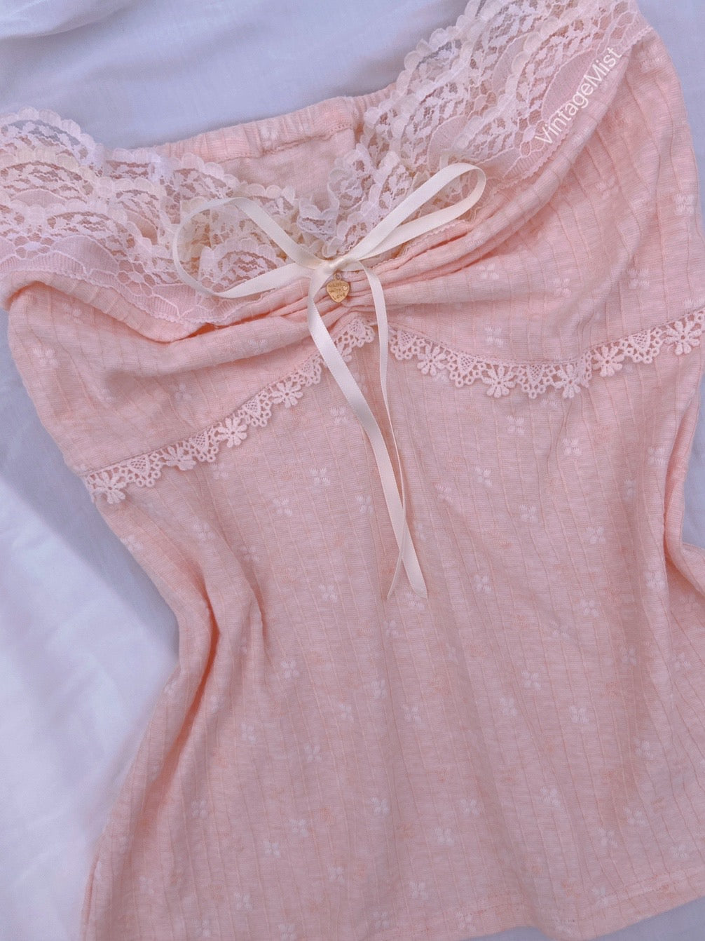 Coquette Lace Ruffles Floral Jacquard Tube Top - Pink | VintageMist