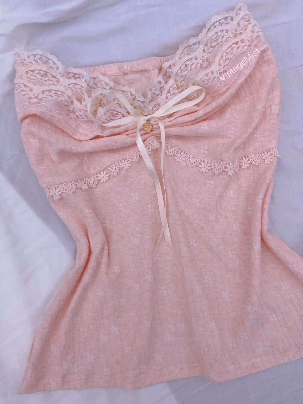 Coquette Lace Ruffles Floral Jacquard Tube Top - Pink | VintageMist
