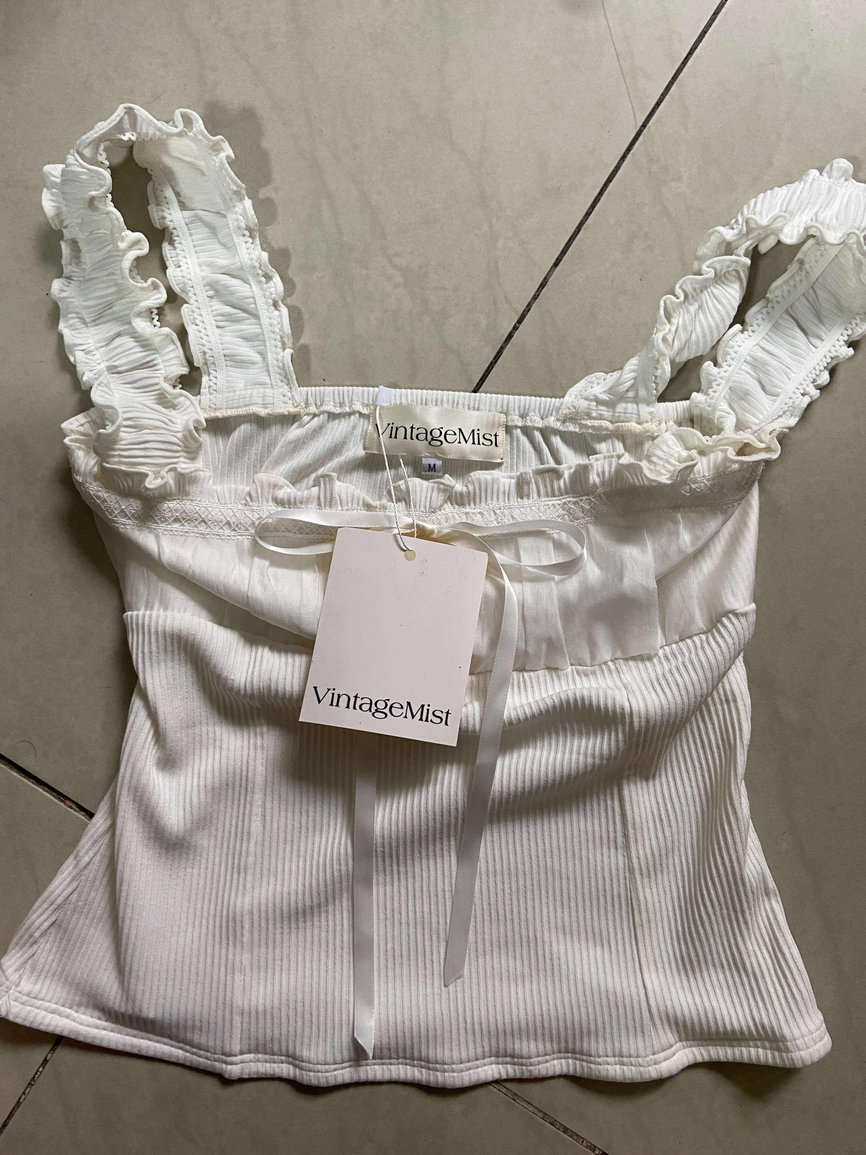 Coquette Lace Trim Ribbed Bowknot Camisole in White | VintageMist