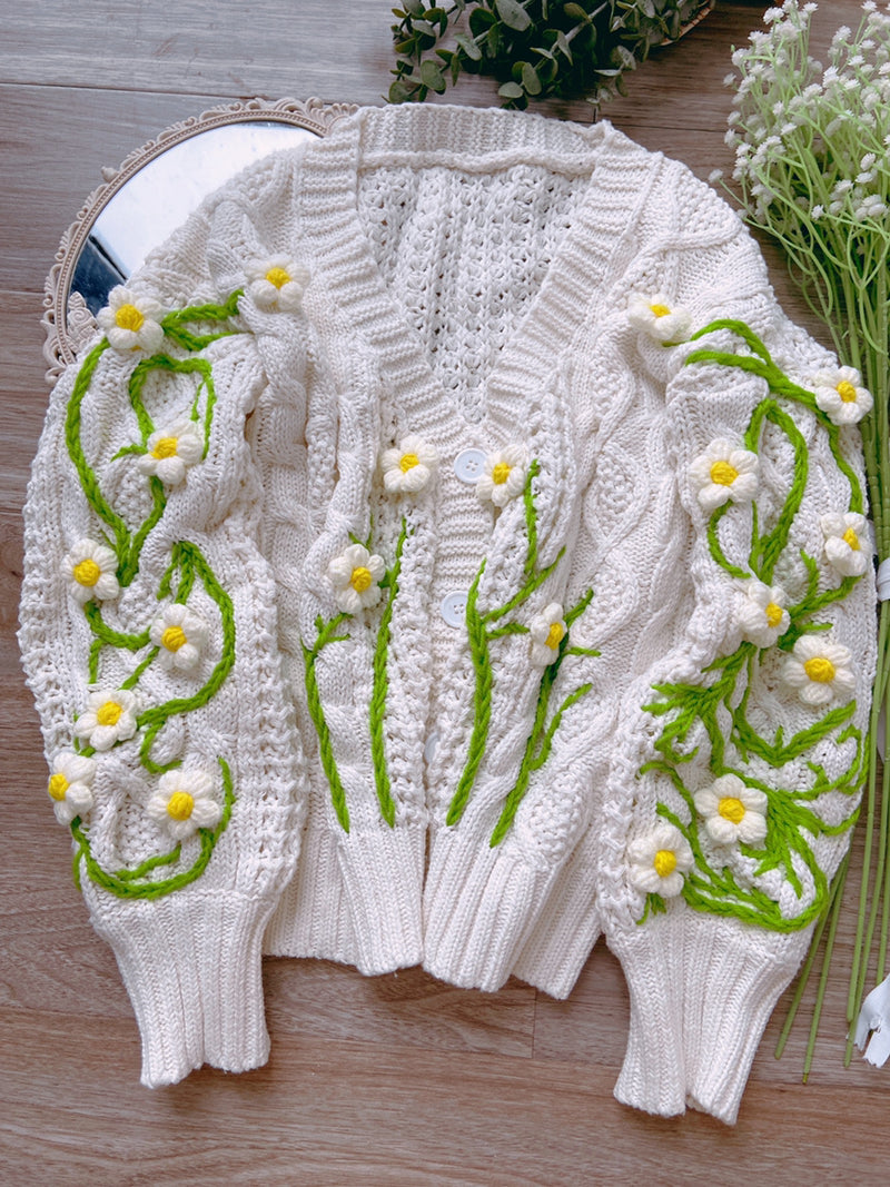 Cottagecore Daisy Floral Embroidery Cardigan - White | VintageMist