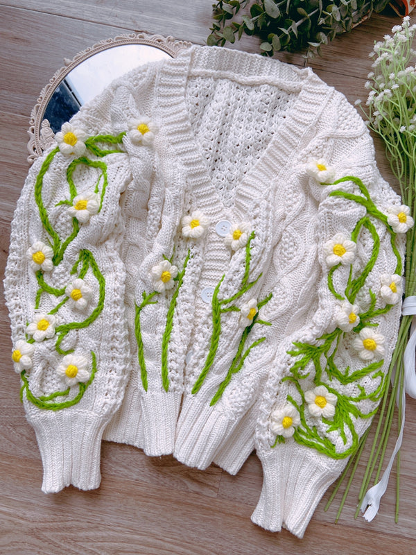 Cottagecore Daisy Floral Embroidery Cardigan - White | VintageMist