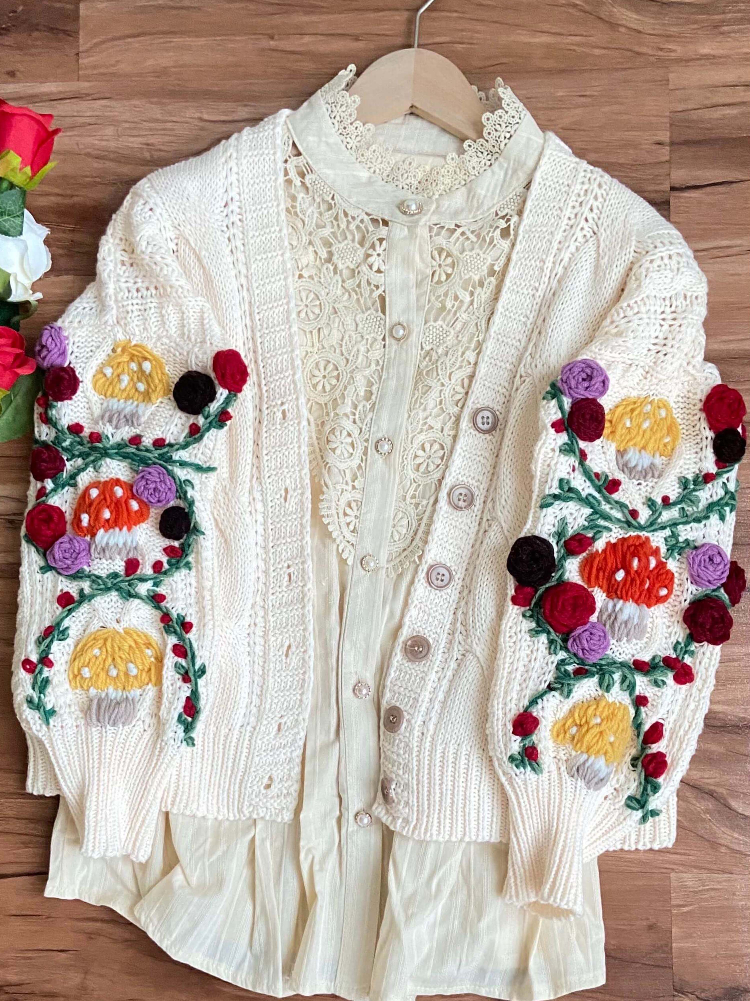 Rose Embroidery Mushroom Cardigan - Ivory | VintageMist