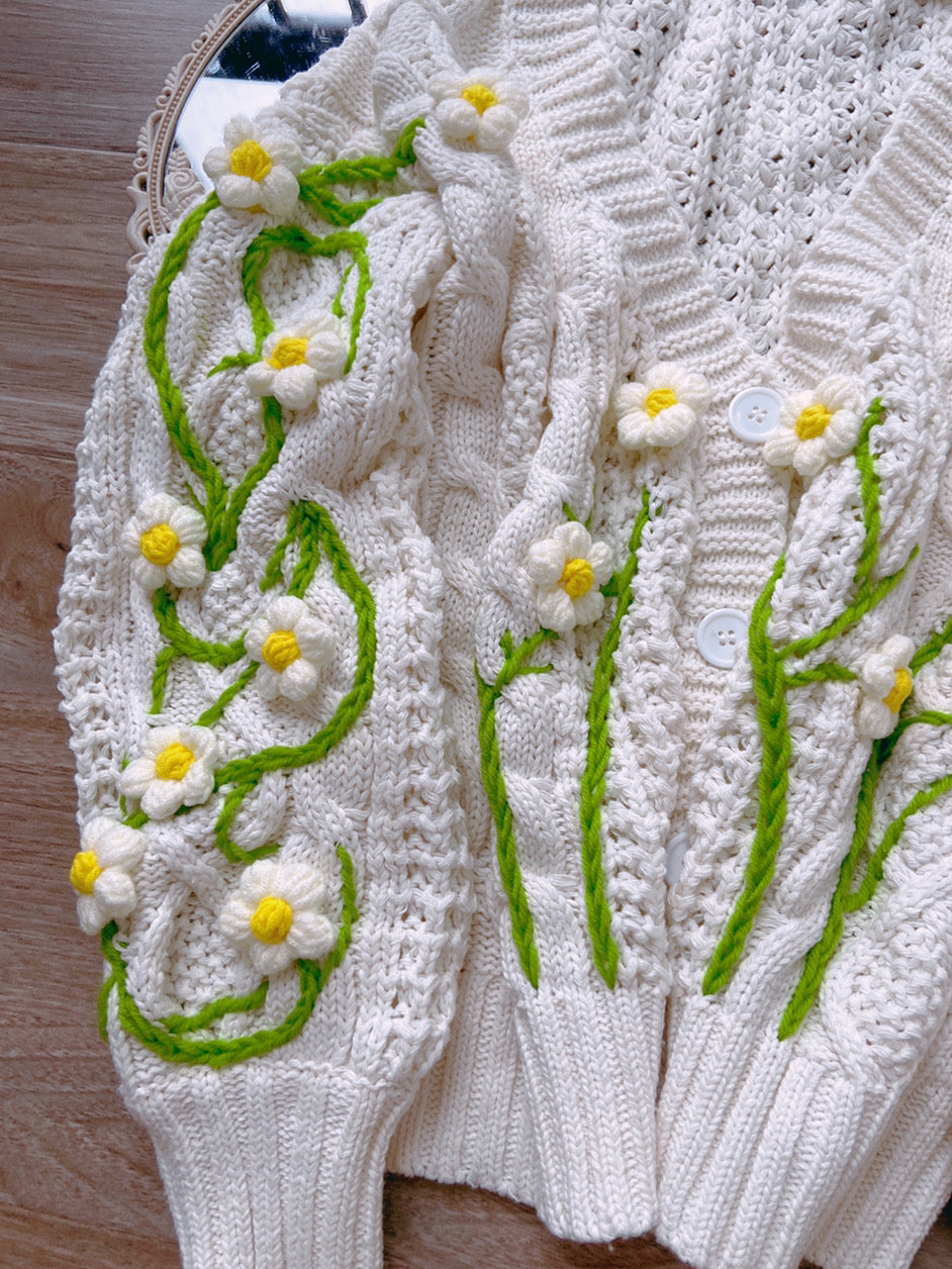 ♡ Flower Embroidered Patch Cardigan PANDAGO - Flower Embroidery Open Front Cardigan / Pocket