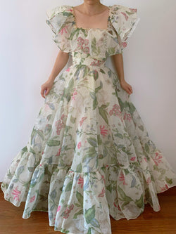 Cottagecore Floral Botanical Fairy Maxi Dress - Ivory  | VintageMist