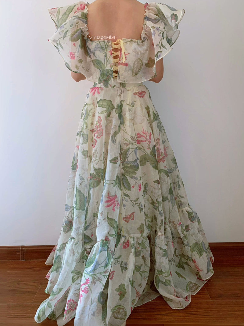 Cottagecore Floral Botanical Fairy Maxi Dress - Ivory  | VintageMist