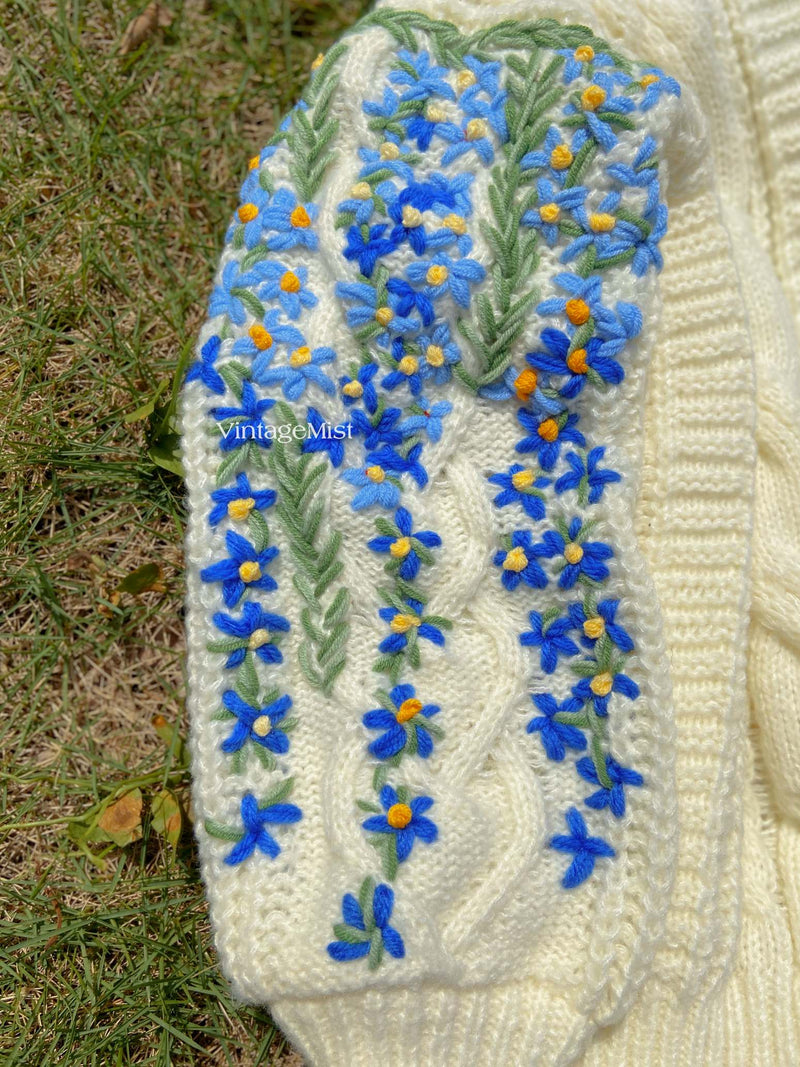 Cottagecore Floral Embroidery Cardigan - Ivory | VintageMist