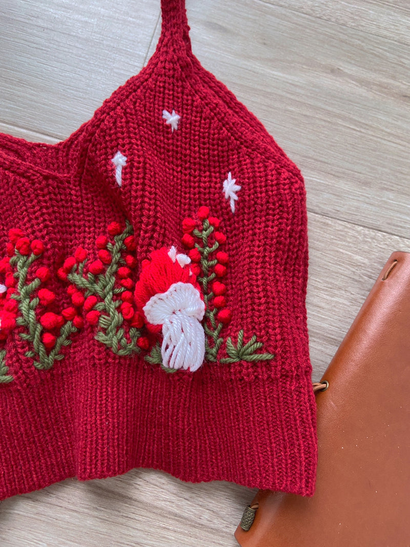 Cottagecore Mushroom Crop Top Sweater - Wine Red | VintageMist