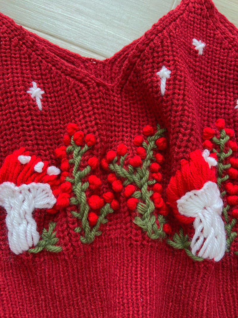 Cottagecore Mushroom Crop Top Sweater - Wine Red | VintageMist