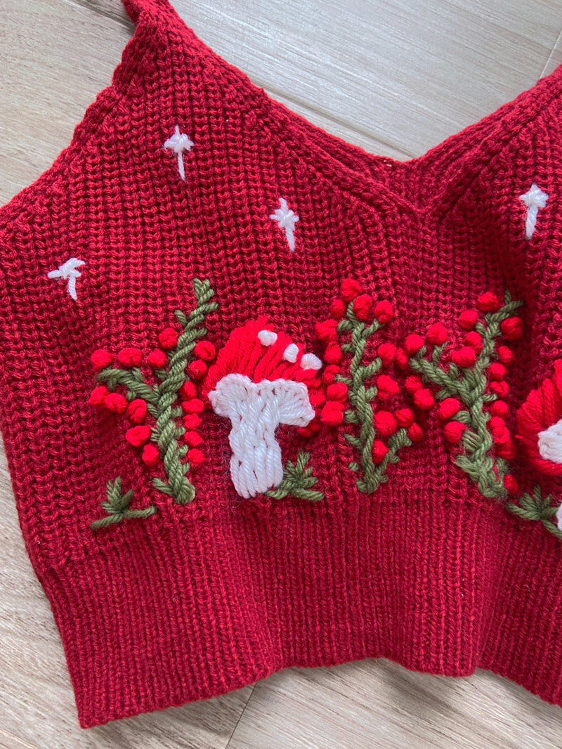 Cottagecore Mushroom Crop Top Sweater - Wine Red | VintageMist