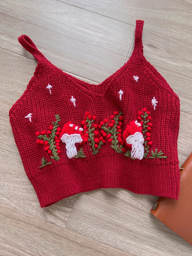 Cottagecore Mushroom Crop Top Sweater - Wine Red | VintageMist