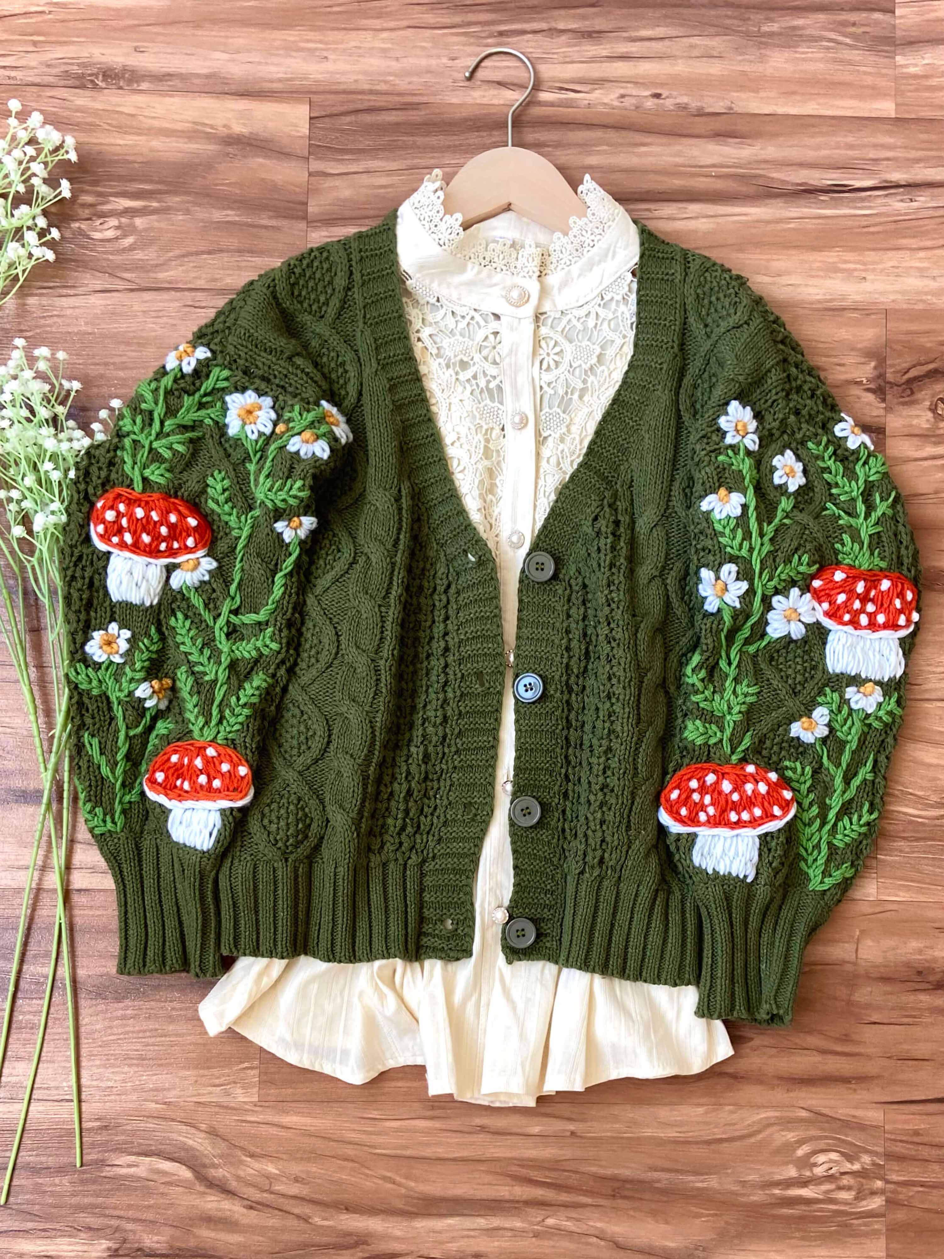 Cottagecore Mushroom Daisy Cardigan - Green | VintageMist_1
