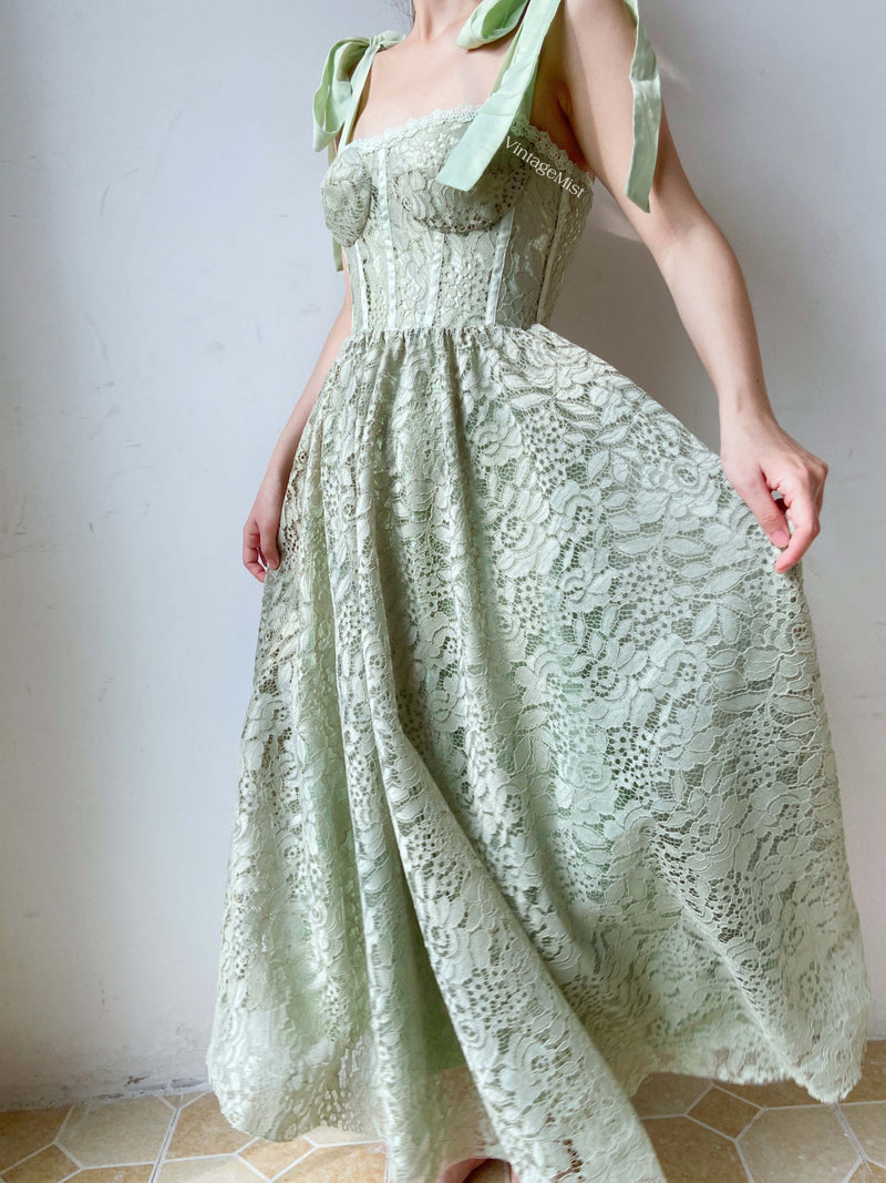 Cottagecore Strap Lace Hollow Corset Dress - Green | VintageMist
