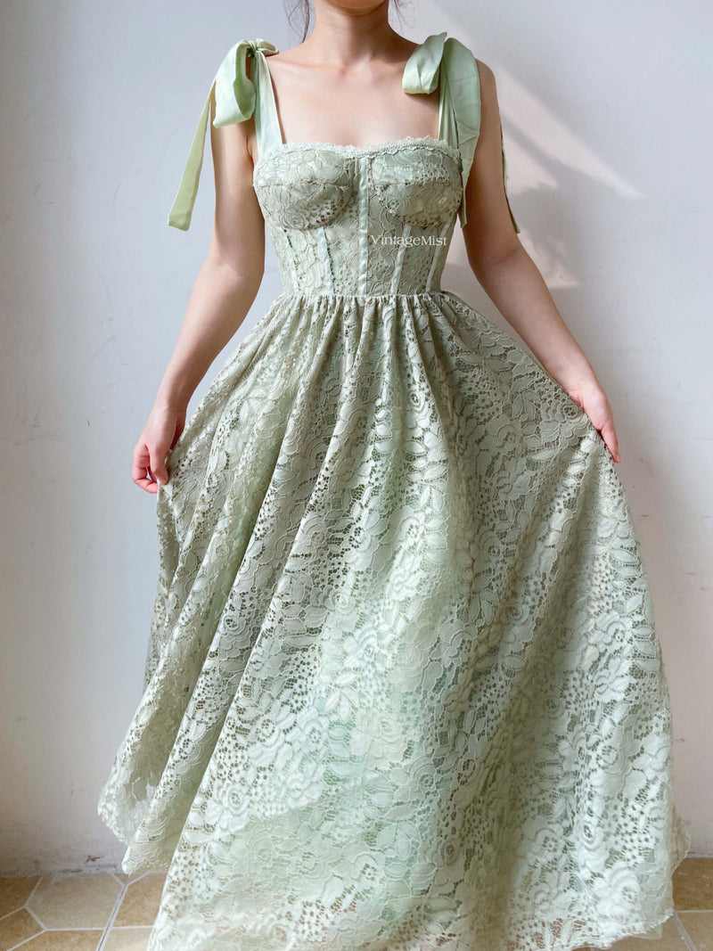 Cottagecore Strap Lace Hollow Corset Dress - Green | VintageMist