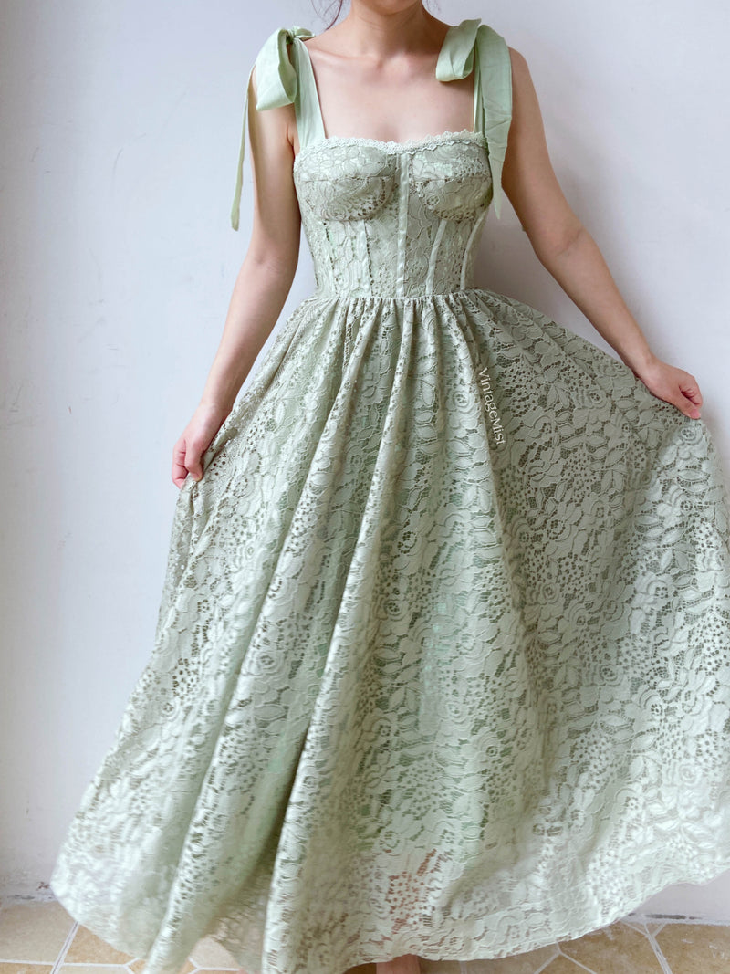 Cottagecore Strap Lace Hollow Corset Dress - Green | VintageMist