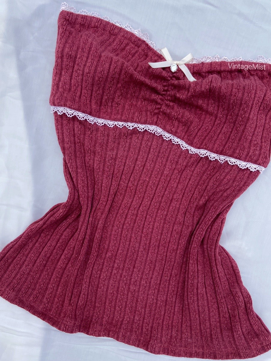 Lace Trim Bow Ribbed Tube Top - Wine Red | VintageMist