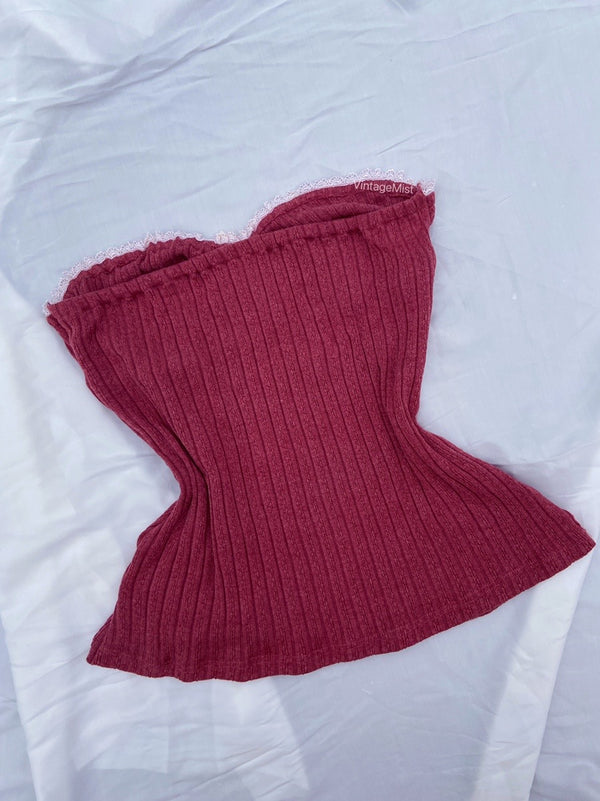 Lace Trim Bow Ribbed Tube Top - Wine Red | VintageMist