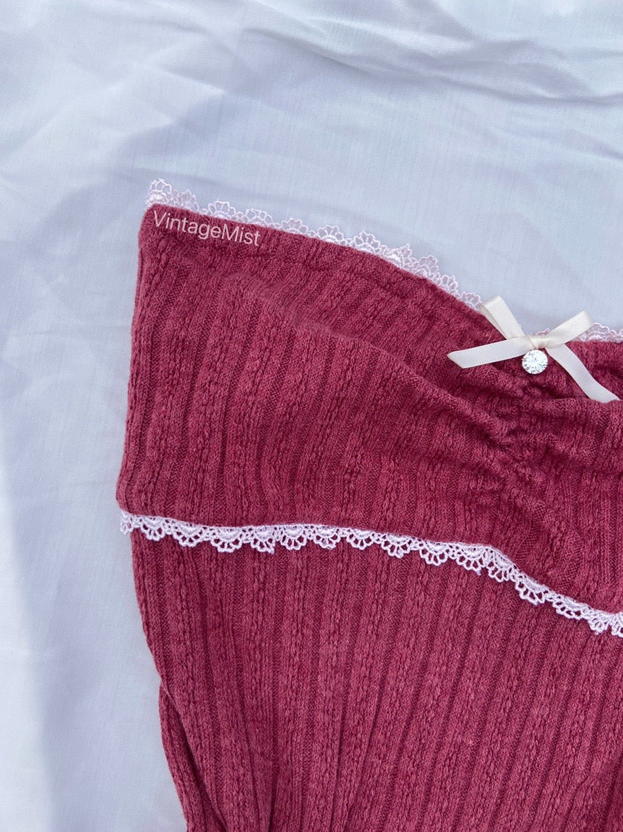 Lace Trim Bow Ribbed Tube Top - Wine Red | VintageMist